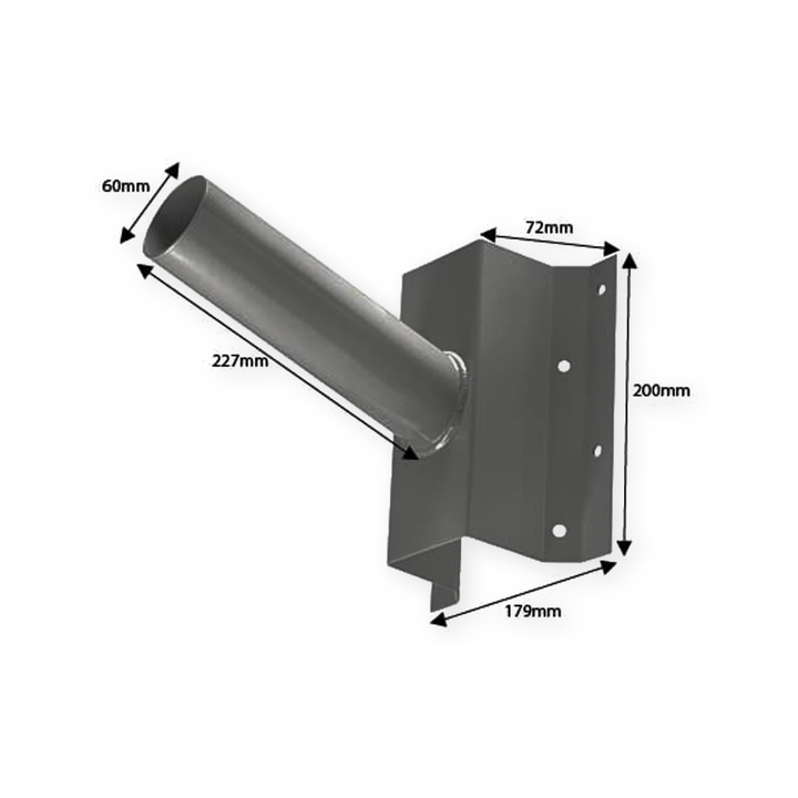 Technische productafbeelding van de antraciet muursteun met maataanduidingen in millimeters waaronder een buisdiameter van 60mm en wandplaatmaten van 200mm bij 179mm.