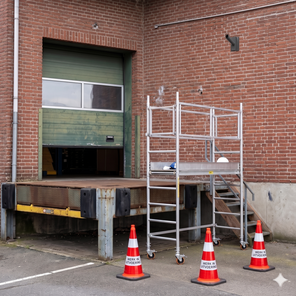 Montage van een muursteun voor terrein verlichting  De plaats is bij een laad dock op een fabrieksterrein