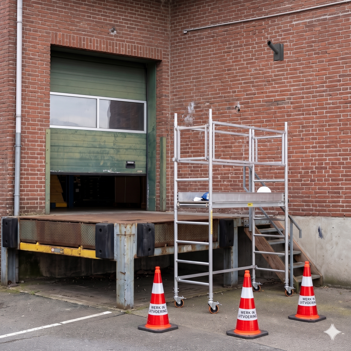 Montage van een muursteun voor terrein verlichting  De plaats is bij een laad dock op een fabrieksterrein