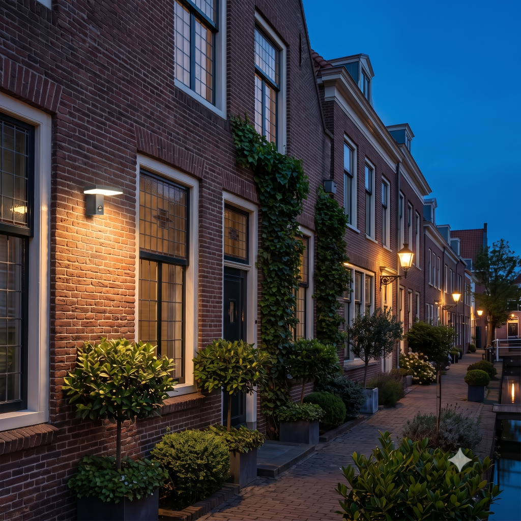Een sfeervolle foto van de mat zwarte Roberto buitenlamp met sensor, gemonteerd op een klassieke bakstenen muur. De lamp is aan en verspreidt een warm wit licht over de gevel en de omringende beplanting.
