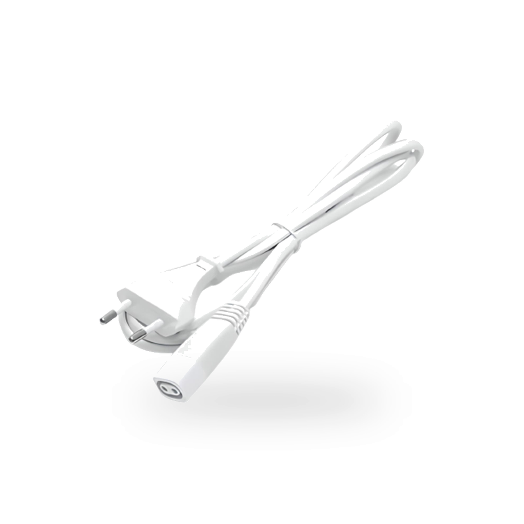 Wit T5 aansluitsnoer van 150cm met T5 connector en eurostekker, centraal gepositioneerd en deels opgerold op een egale witte ondergrond, met een subtiele schaduw.
