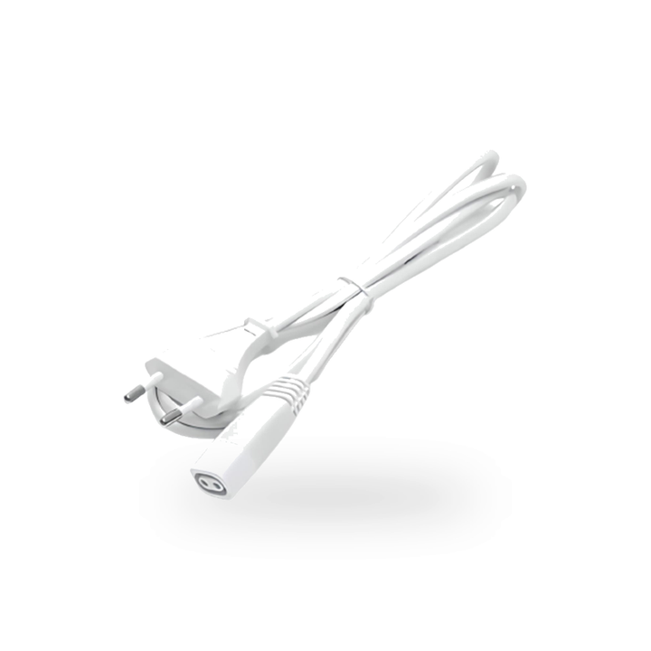 Wit T5 aansluitsnoer van 150cm met T5 connector en eurostekker, centraal gepositioneerd en deels opgerold op een egale witte ondergrond, met een subtiele schaduw.
