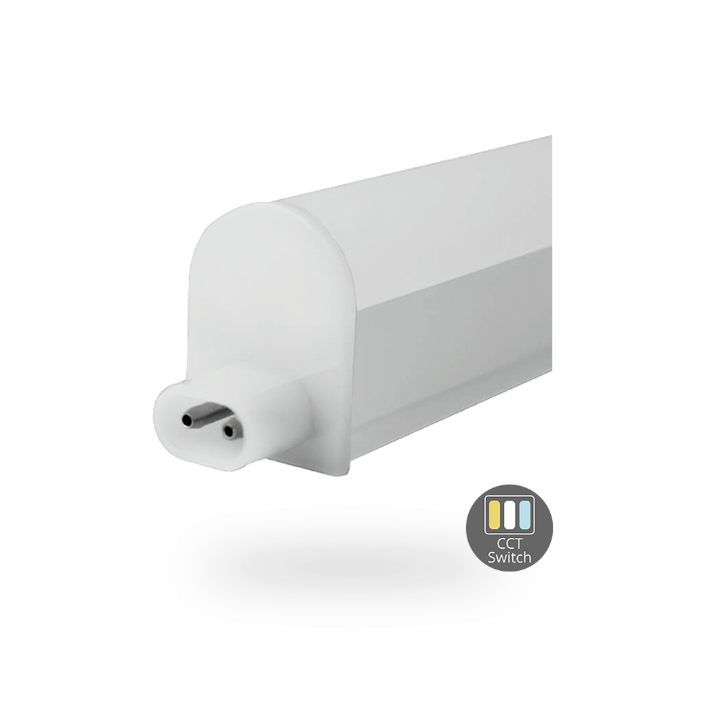  T5 LED lichtbalk, koppelbaar, met een lengte van 90 tot 150 cm en geïntegreerde CCT-switch. Armatuur centraal gepositioneerd op een witte ondergrond met subtiele schaduw, vult 62% van het beeld.