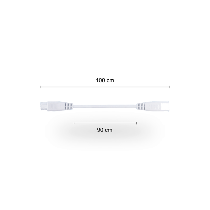 Witte T5 koppelkabel van 100 centimeter lengte, voorzien van een female connector aan de ene zijde en een male connector aan de andere zijde, gepresenteerd op een egale witte ondergrond.