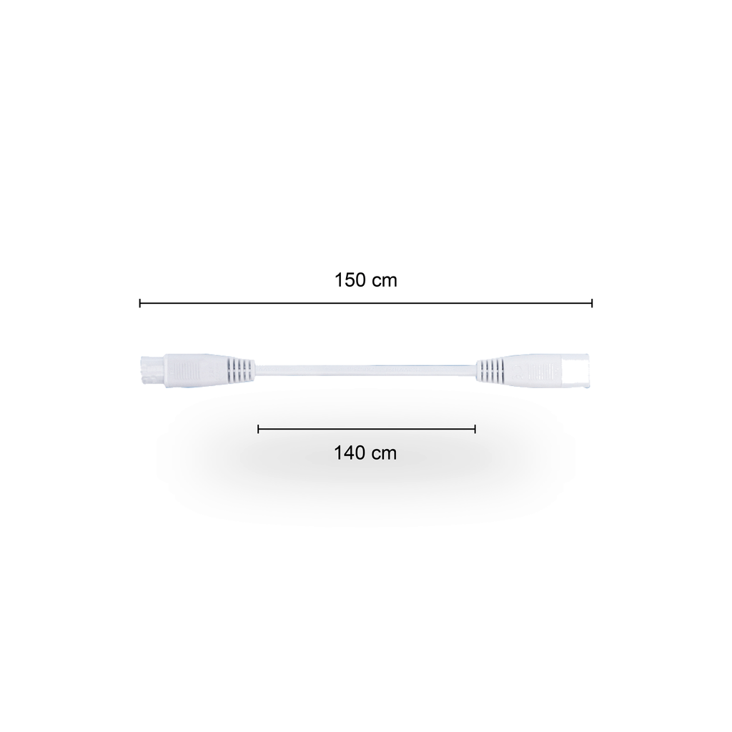 Witte T5 koppelkabel van 150 centimeter lengte, voorzien van een female connector aan de ene zijde en een male connector aan de andere zijde, gepresenteerd op een egale witte ondergrond.