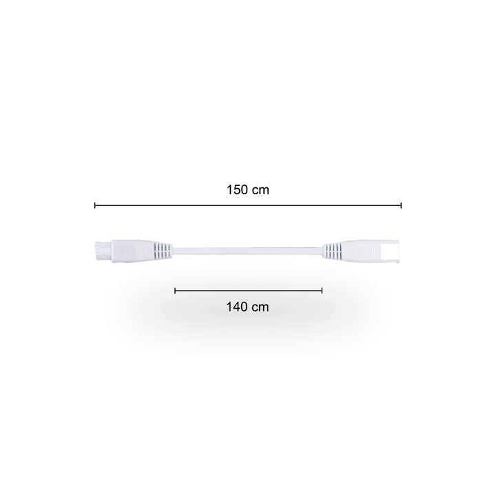 Witte T5 koppelkabel van 150 centimeter lengte, voorzien van een female connector aan de ene zijde en een male connector aan de andere zijde, gepresenteerd op een egale witte ondergrond.