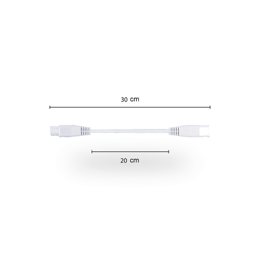 Witte T5 koppelkabel van 30 centimeter lengte, voorzien van een male connector aan de ene zijde en een female connector aan de andere zijde, gepresenteerd op een egale witte ondergrond.
