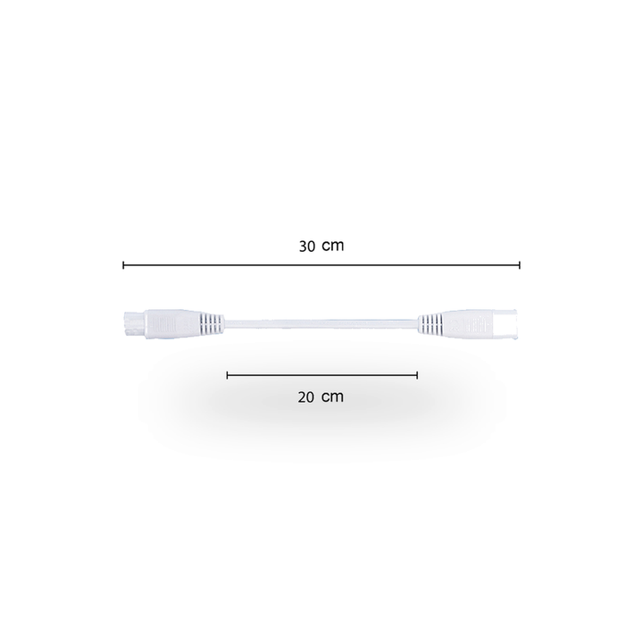 Witte T5 koppelkabel van 30 centimeter lengte, voorzien van een male connector aan de ene zijde en een female connector aan de andere zijde, gepresenteerd op een egale witte ondergrond.
