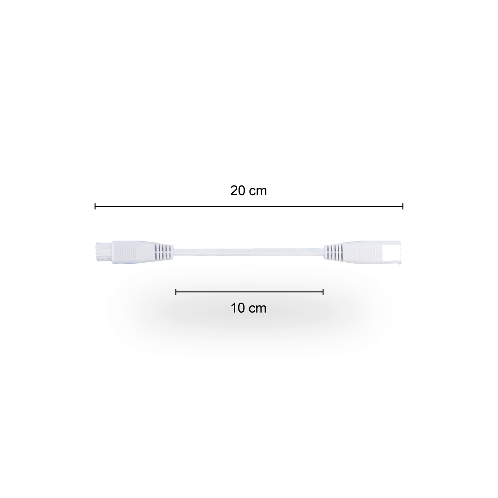 Witte T5 koppelkabel van 20 cm lengte, voorzien van een male connector aan het ene uiteinde en een female connector aan het andere uiteinde, afgebeeld op een witte ondergrond.

