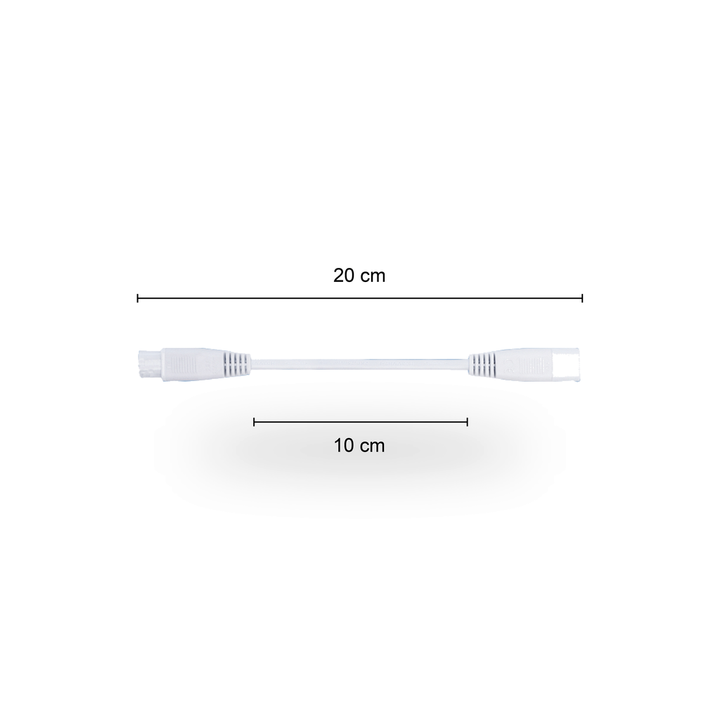 Witte T5 koppelkabel van 20 cm lengte, voorzien van een male connector aan het ene uiteinde en een female connector aan het andere uiteinde, afgebeeld op een witte ondergrond.
