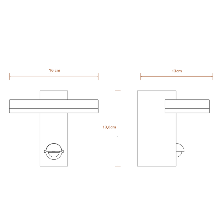 technische tekening met vooraanzicht en linkerzijaanzicht voorzien van maten in cm