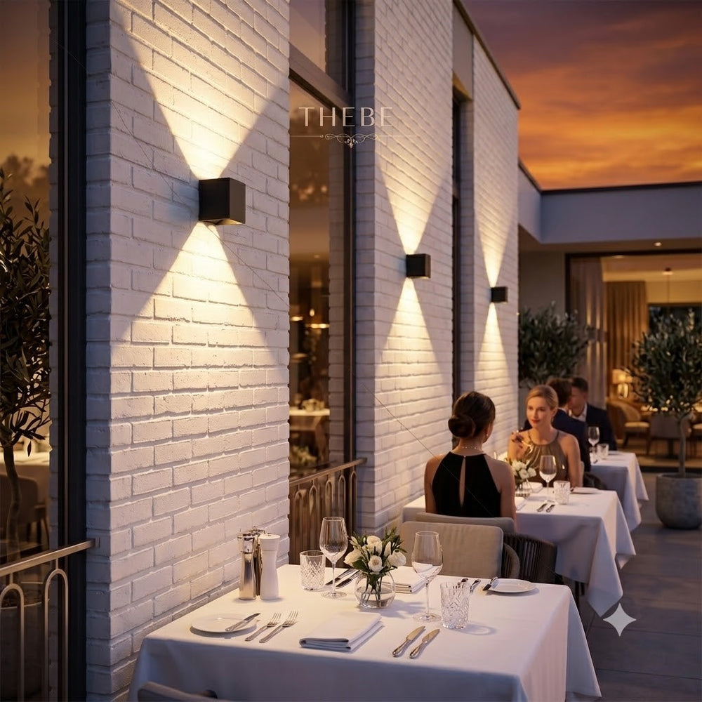 Moderne zwarte Thebe buiten-wandlamp 2x3W dim to warm met up en down licht aan een witte bakstenen restaurantgevel bij zonsondergang