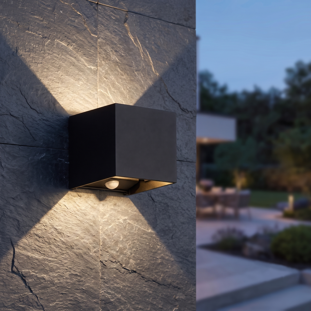 Mat zwarte up en down buiten wandlamp Thebe op een leisten muur met pir sensor