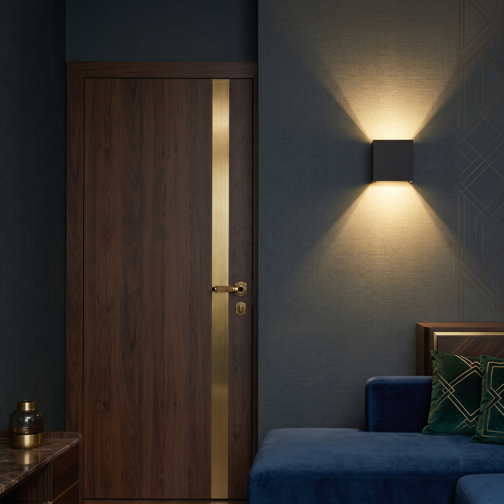 Zwarte Thebe up and down wandlamp op een donkere chique hotel-interieur wand.