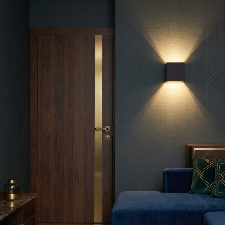 Zwarte Thebe up and down wandlamp op een donkere chique hotel-interieur wand.