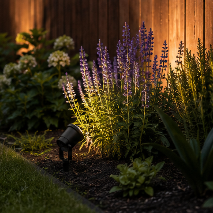 tuinprikspot licht een border met lavendelstruik aan in een sfeervolle tuin