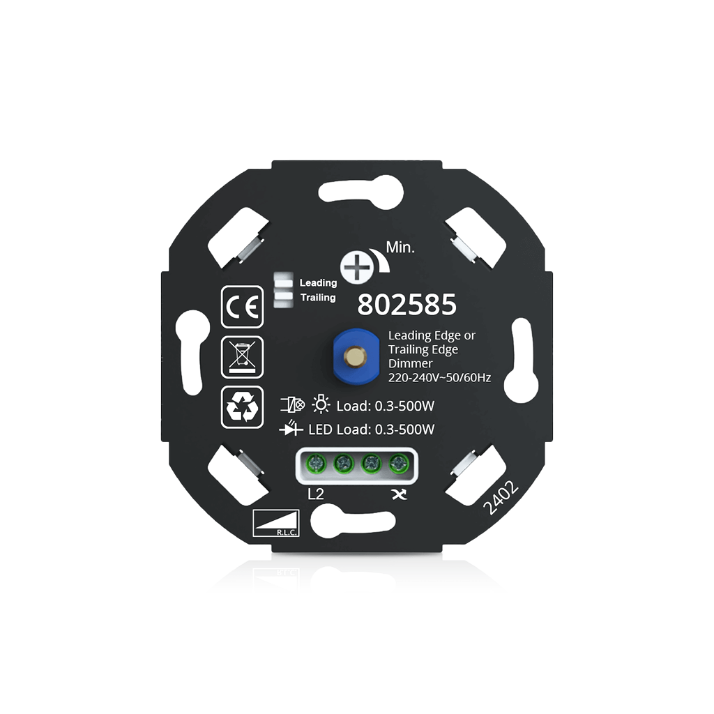 Inbouw LED dimmer module (artikelnummer 802585) met een vermogensbereik van 0 tot 500 Watt. De compacte blauw-witte elektronische module is voorzien van een metalen draai-as aan de voorzijde voor de dimmerknop. Geschikt voor 220-240V wisselstroom (AC) met fase aan- en afsnijding techniek. Perfect gecentreerd op een pure witte achtergrond met de originele, vloeiende studioschaduw.
