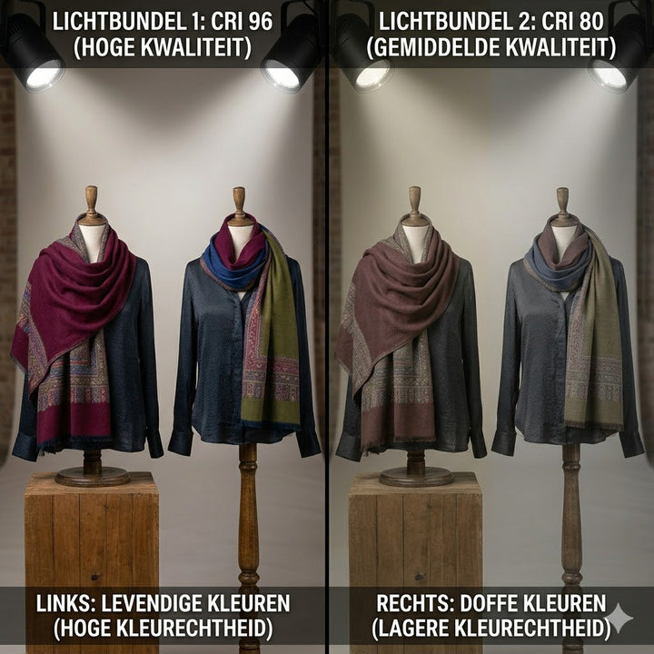 Een gesplitste vergelijkingsafbeelding die het verschil in kleurweergave laat zien. Links wordt kleding (twee mannequins met sjaals) verlicht met een hoge CRI 96-lichtbron (bovenste tekst in Nederlands: &