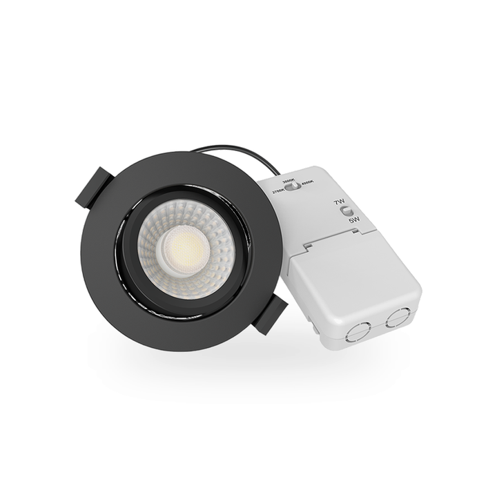 Detailopname van de IP20-geclassificeerde externe LED-driver, een compacte rechthoekige eenheid voor de stroomvoorziening.