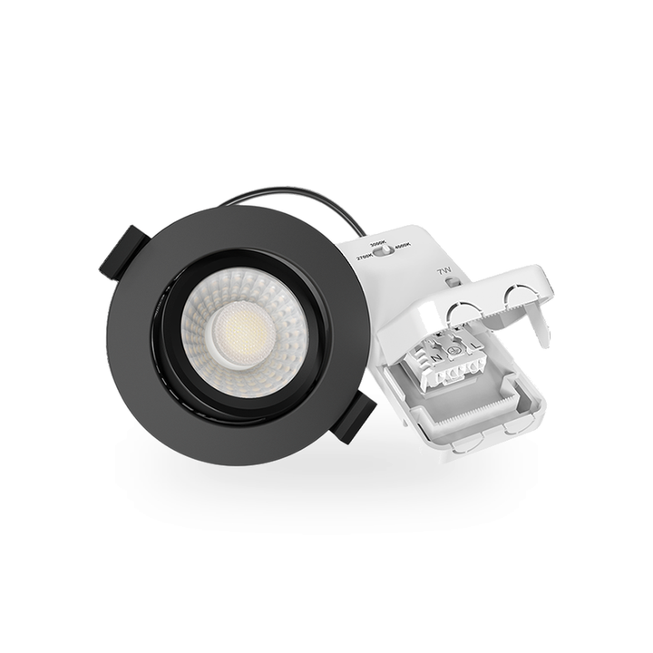 Detailopname van de IP20-geclassificeerde externe LED-driver, een compacte rechthoekige eenheid voor de stroomvoorziening.