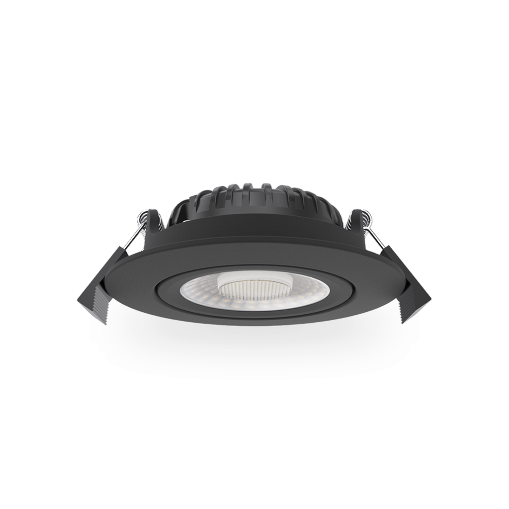 Ronde LED inbouwspot met een matzwarte behuizing en een vlak, lichtdoorlatend oppervlak, gezien van voren op een egale witte ondergrond met een subtiele schaduw.

