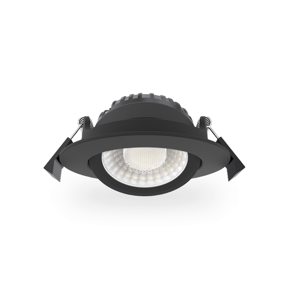 Zijaanzicht van de zwarte LED inbouwspot, toont de ronde behuizing, de installatiediepte en de veerklemmen voor montage.
