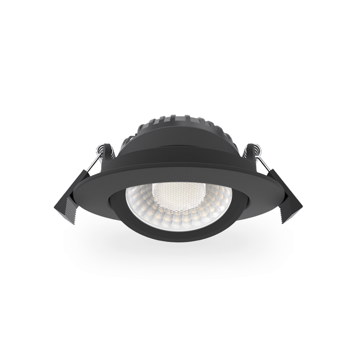 Zijaanzicht van de zwarte LED inbouwspot, toont de ronde behuizing, de installatiediepte en de veerklemmen voor montage.
