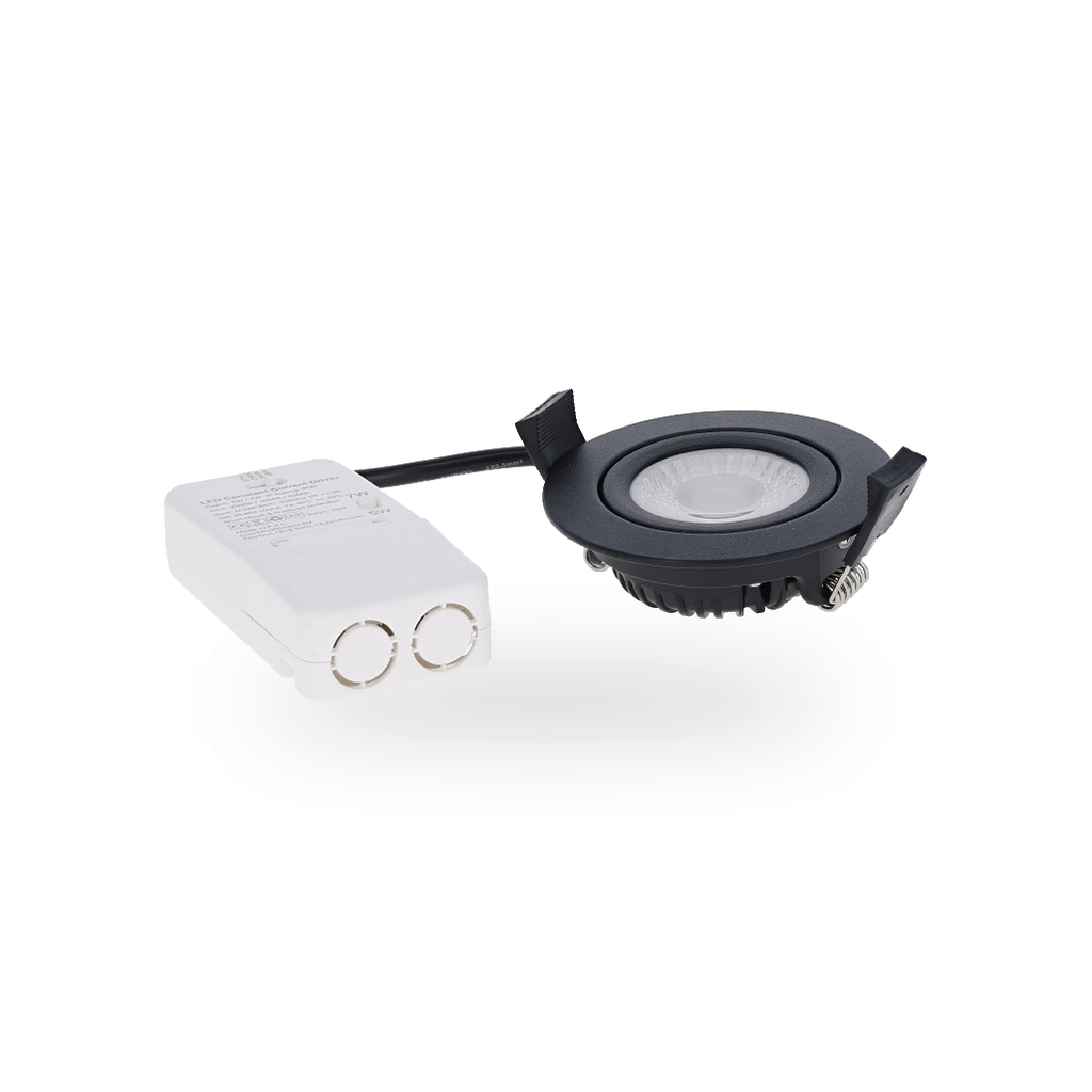 Gedetailleerde weergave van de externe LED-driver met IP20-classificatie, inclusief de zichtbare sparingen voor de doorlusbekabeling