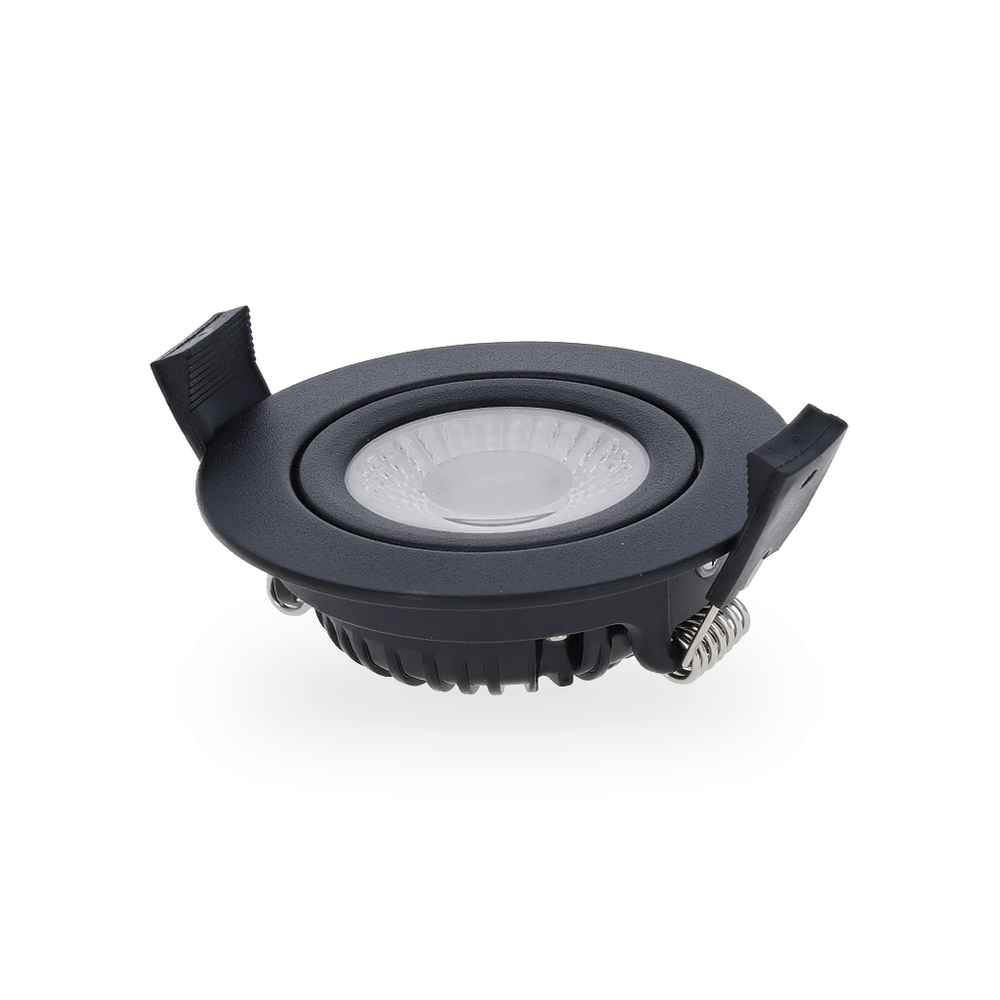 Zijaanzicht van de ronde zwarte LED inbouwspot, toont de hoogte van de behuizing, de montageweerhaken en de matzwarte behuizing