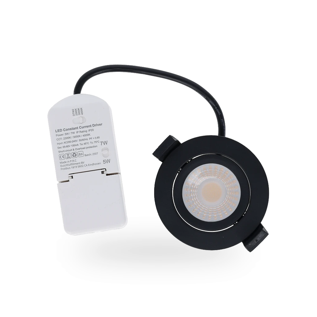 Close-up van de Led drivermet de  schakelaar voor het aanpassen van het wattage tussen 5 Watt en 7 Watt voor de inbouwspot. en de  CCT schakelaar
